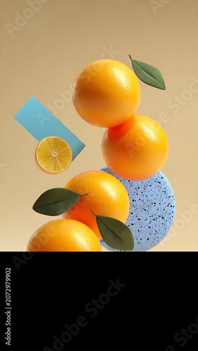 Modern 3D Oranges Composition with Geometric Shapes on Beige Background