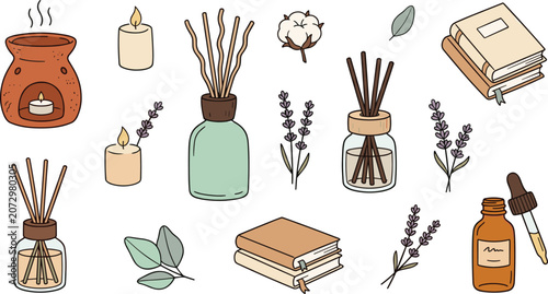 Konstfotografi Aromatherapy Home Fragrance Reed Diffuser Oil Burner Lavender and Books Vector C