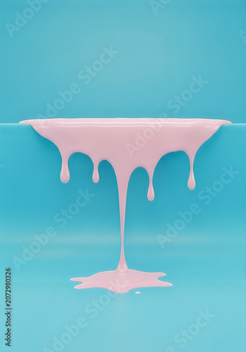 Pink liquid dripping down from a horizontal surface on a bright blue background