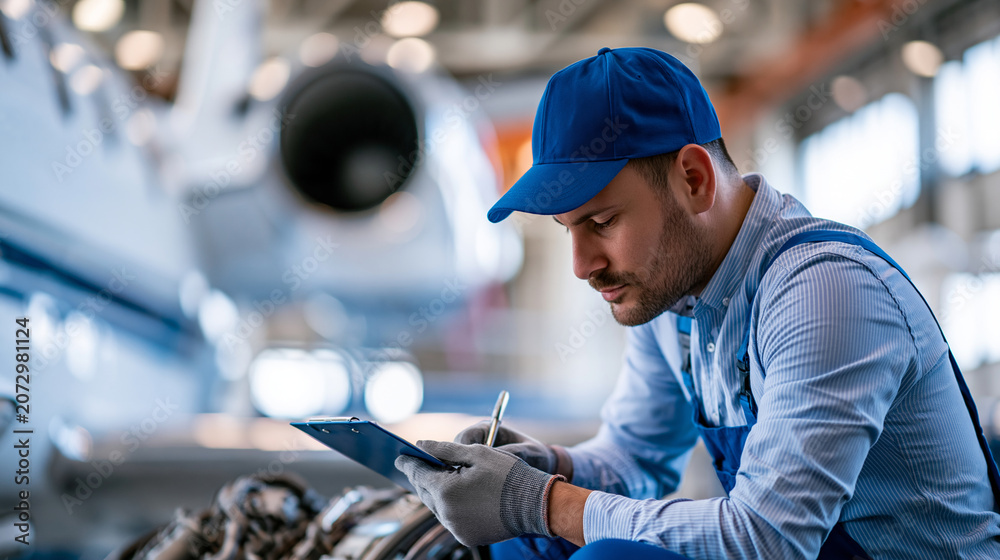 Fototapeta premium Faceless aircraft mechanic working on plane engine in hangar, aviation maintenance concept, private aircraft repair photography, defocused hangar background, with copy space