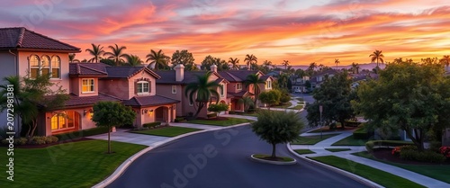 Upscale Costa Mesa homes, tree-lined streets, and manicured lawns,  green,   buildings