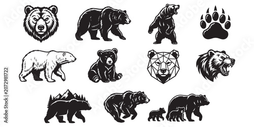 Obraz na płótnie Set of black and white bear icons and illustrations collection including grizzly