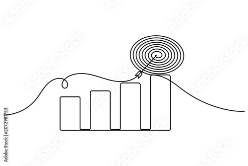 Financial graph with bullseye icon sign continuous one line drawing on white background minimalist arrow hitting target on aim symbol doodle illustration