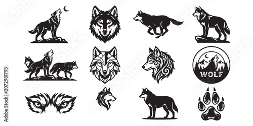 Foto Wolf pack graphic collection featuring howling wolves wolf heads tracks in vario