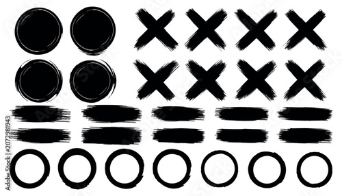 Hand-drawn ink brush shapes and grunge design elements set, Set of artistic brush stroke circles, crosses and lines, Collection of grunge style hand-painted black graphic elements.