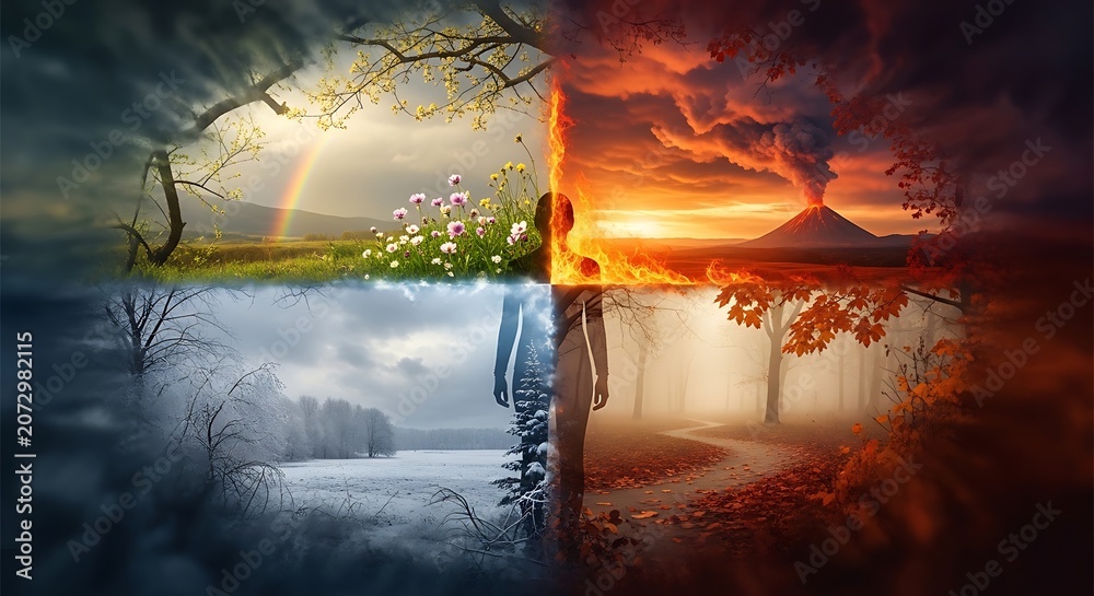 Naklejka premium Four seasons collage showing the transition from spring to winter. A human figure stands in the center, symbolizing humanity's place within the changing natural world