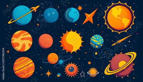Stylized icons depicting celestial bodies, constellations, and astronomical phenomena, cosmos,   illustration