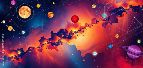 Stylized celestial bodies & constellations, vibrant colors, abstract shapes, night sky, pulsar