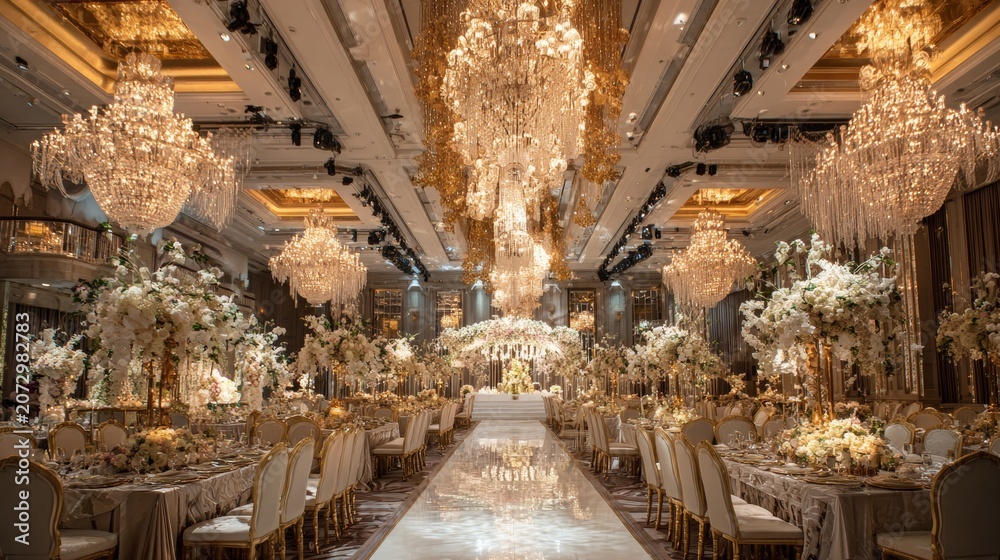 Fototapeta premium ballroom wedding, crystal chandelier, gold and white theme