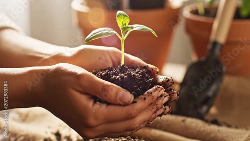 Two soil-covered hands gently cradle small green seedling with thin stem and fresh leaves, surrounded by indoor pots and garden trowel, suggesting careful transplanting and healthy growth
