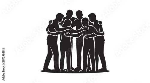 Group of people hugging in a circle silhouette.