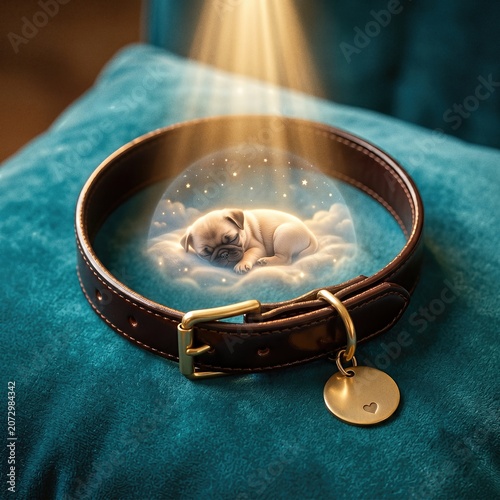 Empty Dog Collar on Velvet Cushion with Miniature Glowing Projection of Sleeping Pug