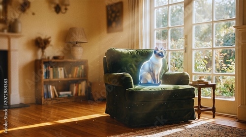 Ethereal Transparent Spirit of Siamese Cat Sitting on Empty Velvet Armchair in Cozy Sunlit Room