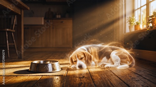 Glowing Transparent Spirit of Beagle Dog Sleeping Near Empty Bowl on Wooden Floor in Golden Hour