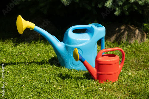 Gardening, summer or outdoor maintenance. Two watering cans on lush lawn in backyard garden