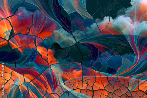 Cracked Terracotta Pot Texture with Abstract Summer Color Waves