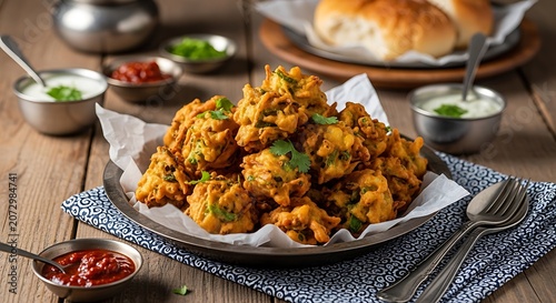 Delicious Pakistani pakoras on a wooden table