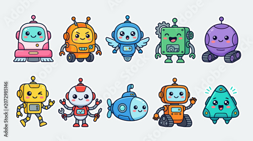 Obraz na plátně Collection of cute cartoon robots and machines