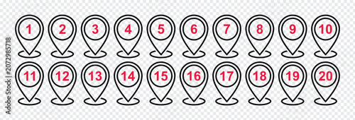 Foto Location marker icons with numbers black line art on transparent background