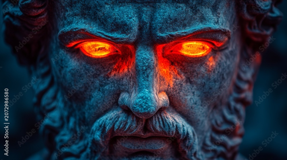 Fototapeta premium a close-up, intense portrait of a stone bust with glowing, fiery orange eyes against a dark, moody blue-toned background.