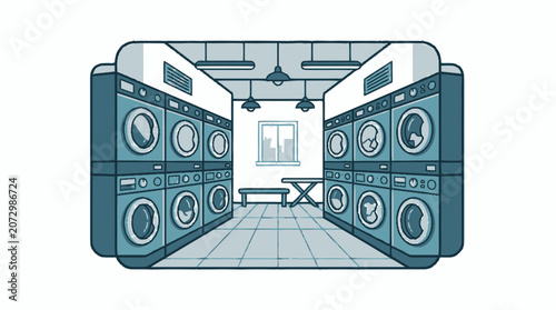 Clean Laundry Room with Rows of Washing Machines and Dryers