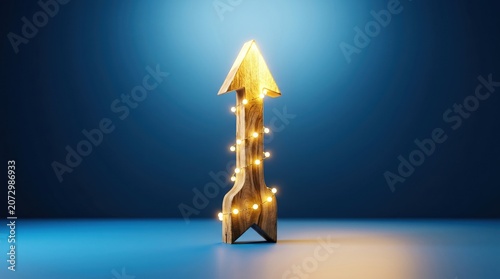 Wooden arrow sign decorated with glowing fairy lights against a blue background