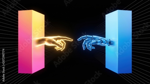 Human and robotic hands reaching towards each other from glowing colorful portals, symbolizing the connection between artificial intelligence and humanity