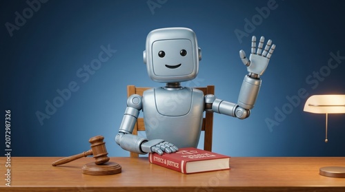 A friendly silver robot judge sitting at a wooden desk with a gavel and a book titled ethics and justice against a blue background