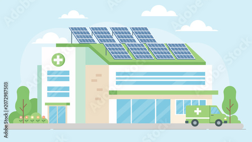 Flat vector illustration of eco friendly hospital with rooftop solar panels, ambulance and sustainable healthcare infrastructure powered by renewable energy.