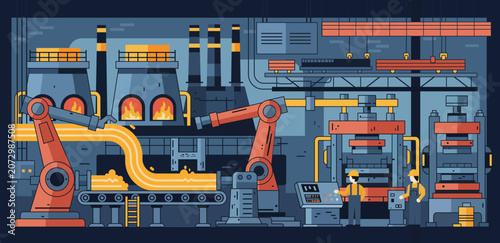 Flat vector illustration of automated steel factory featuring robotic arms, molten metal processing, industrial machinery and smart manufacturing systems.