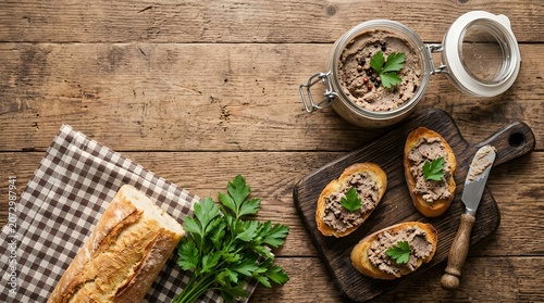 Overhead view of delicious homemade meat spread pate on toasted bread slices over a rustic wooden background.