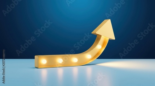 3d rendering of a golden arrow sign with glowing light bulbs pointing upwards, symbolizing growth, success, and business development