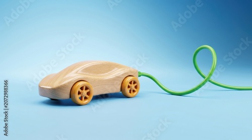 Wooden toy electric car with a green charging cable on a blue background