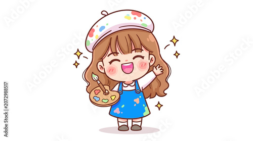 Tableau sur toile Cute Cartoon Artist Girl Holding Palette and Brush, Waving with Sparkles