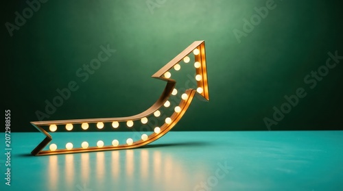 Illuminated marquee arrow sign pointing upwards on a teal background, symbolizing growth, success, and progress in business and marketing concepts