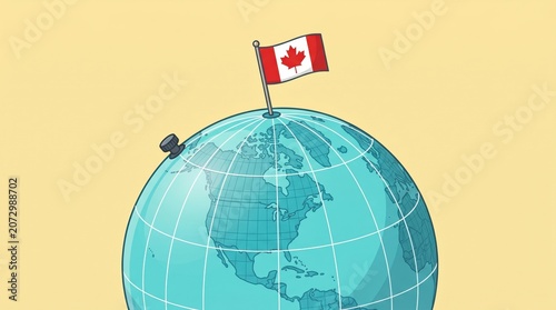 Illustration of a globe with a canadian flag pinned on top and a pushpin on the side