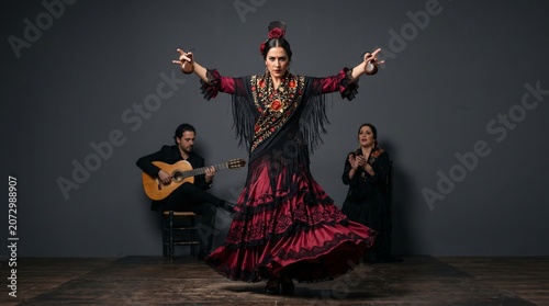 Elegant Flamenco Dancer in Traditional Red Dress Performing with Guitarist and Singer, Intense Emotional Spanish Performance, Dark Studio Lighting, Cultural Heritage Concept