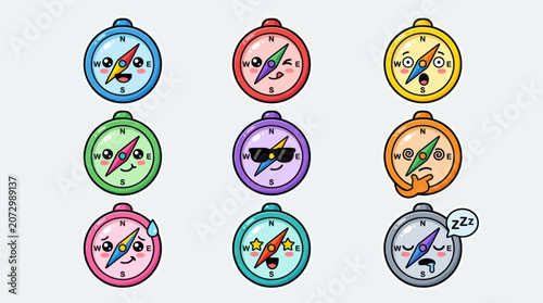 Cute cartoon compasses with expressive faces