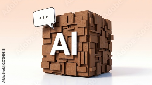 3d illustration of a brown textured cube with ai text and a speech bubble