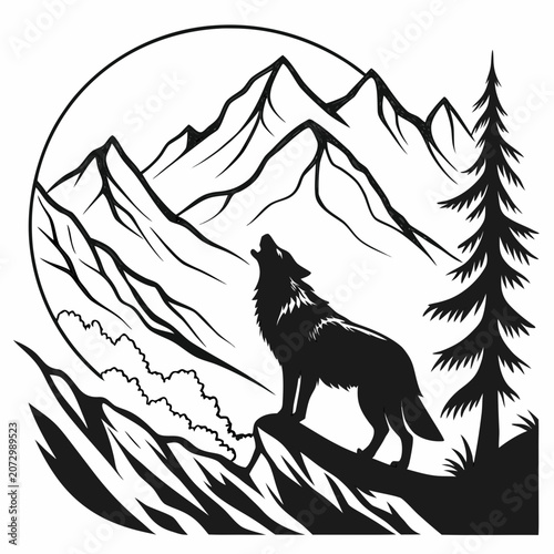 Fotografie Black and white graphic illustration of a wolf howling at the mountainside with