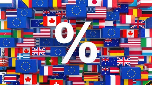 3d rendering of a large percentage sign floating in front of a wall made of various national flags