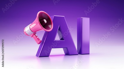3d render of a pink megaphone next to a large purple ai text symbol representing artificial intelligence communication and technology