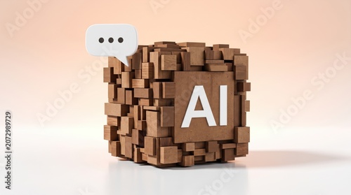 3d illustration of a wooden cube with the letters ai and a speech bubble, representing artificial intelligence communication