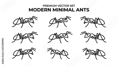 A set of minimalist line art illustrations of ants in various poses
