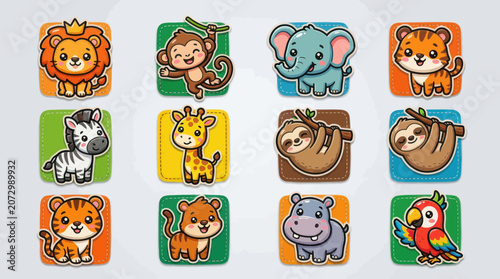 Cute cartoon jungle animal icons collection