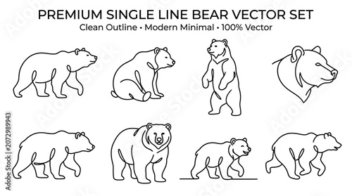 A set of eight single line art bear illustrations in various poses and views