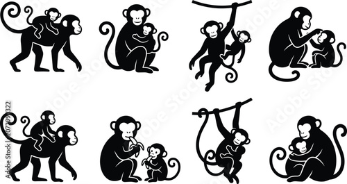 Photography Collection of black silhouettes of monkeys and baby monkeys in various poses on