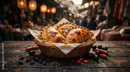 Baked empanadas on a wooden table with fruit