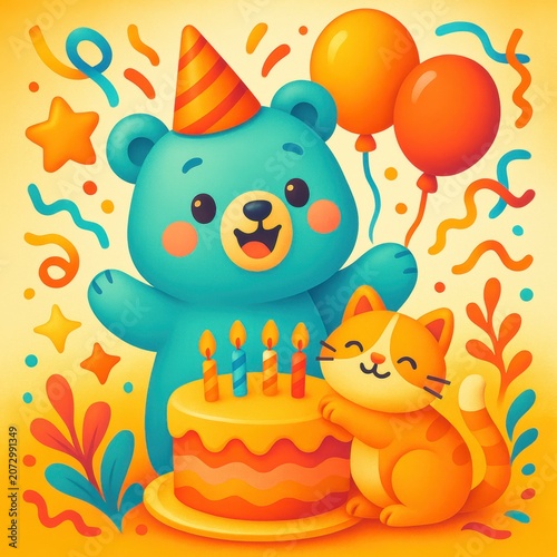 Cute bear and cat celebrate birthday with cake and balloons in vibrant cartoon style