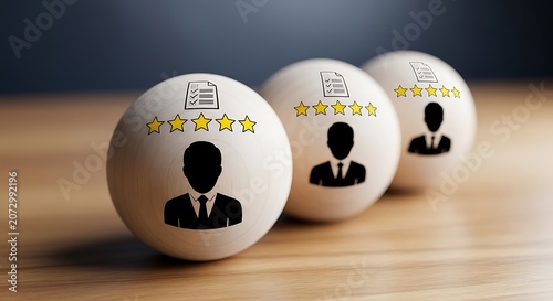 Three wooden balls with business men icons and star ratings on a table